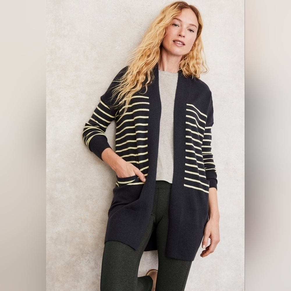 Garnet Hill Merino Wool Blend Longline Stripe Cardigan Duster Sweater Size Large